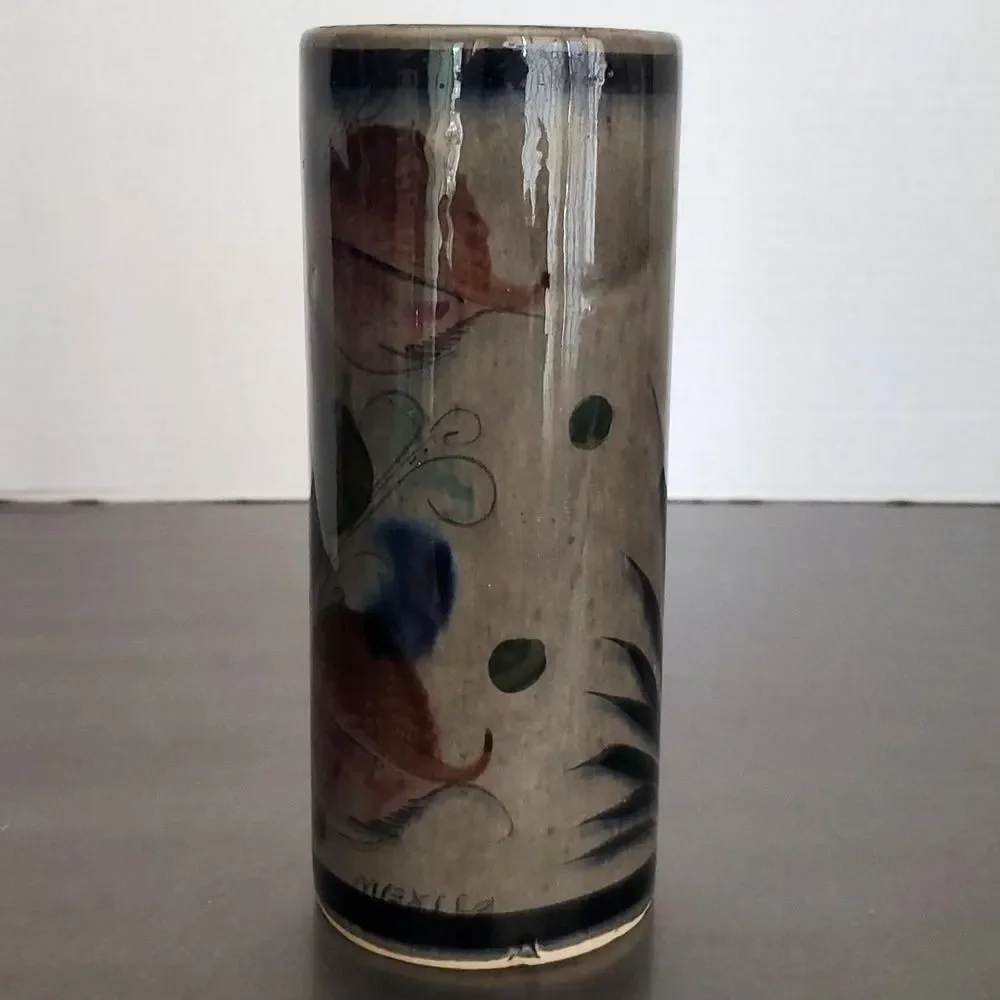 Vintage Tonala Mexican Pottery Hand Painted Floral Cylinder Vase 6.75